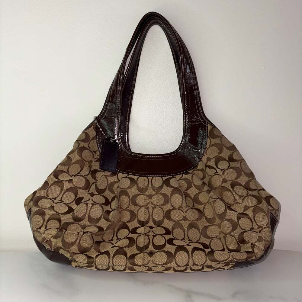 Coach Signature Ergo Pleated Kiss Lock Canvas & Leather Satchel Bag